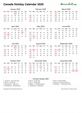 Calendar Horizintal Month Week Underline Sun Sat Holiday Canada Portrait 2020