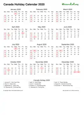 Calendar Horizintal Month Week Underline Sun Sat Holiday Canada Portrait 2020