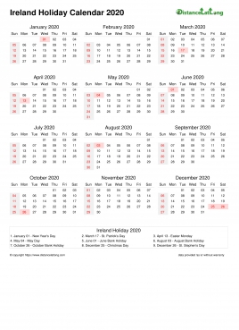 Calendar Horizintal Month Week Underline Sun Sat Holiday Ireland Portrait 2020