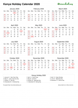Calendar Horizintal Month Week Underline Sun Sat Holiday Kenya Portrait 2020