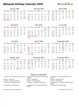Calendar Horizintal Month Week Underline Sun Sat Holiday Malaysia Portrait 2020
