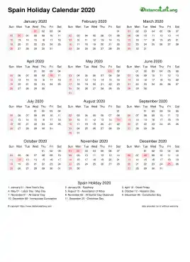 Calendar Horizintal Month Week Underline Sun Sat Holiday Spain Portrait 2020