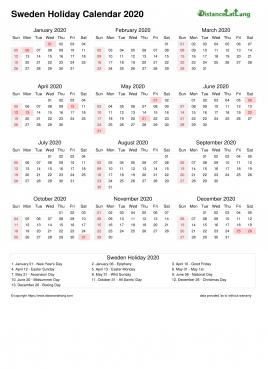 Calendar Horizintal Month Week Underline Sun Sat Holiday Sweden Portrait 2020