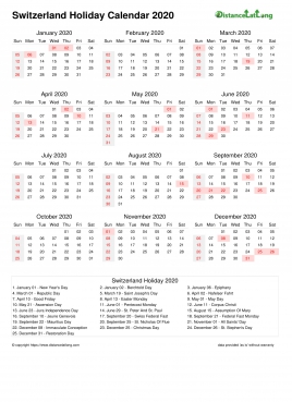 Calendar Horizintal Month Week Underline Sun Sat Holiday Switzerland Portrait 2020