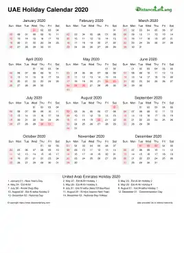 Calendar Horizintal Month Week Underline Sun Sat Holiday Uae Portrait 2020