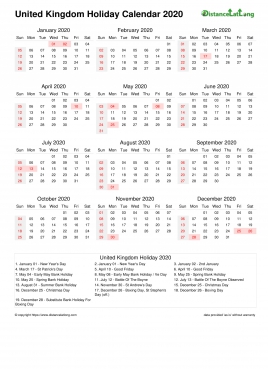 Calendar Horizintal Month Week Underline Sun Sat Holiday Uk Portrait 2020