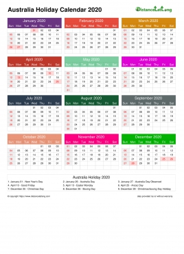 Calendar Horizintal Multi Color Grid Sun Sat Holiday Australia A4 Portrait 2020