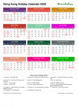Calendar Horizintal Multi Color Grid Sun Sat Holiday Hong Kong A4 Portrait 2020