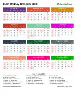 Calendar Horizintal Multi Color Grid Sun Sat Holiday India A4 Portrait 2020