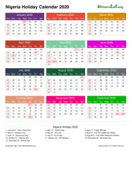 Calendar Horizintal Multi Color Grid Sun Sat Holiday Nigeria A4 Portrait 2020