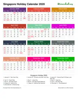 Calendar Horizintal Multi Color Grid Sun Sat Holiday Singapore A4 Portrait 2020