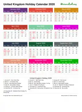 Calendar Horizintal Multi Color Grid Sun Sat Holiday Uk A4 Portrait 2020