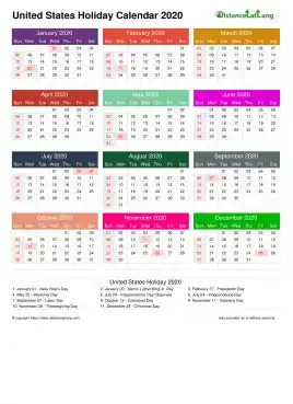 Calendar Horizintal Multi Color Grid Sun Sat Holiday Us A4 Portrait 2020