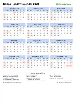 Calendar Horizintal Outer Border Sun Sat Holiday Kenya Portrait 2020