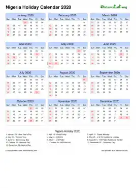 Calendar Horizintal Outer Border Sun Sat Holiday Nigeria Portrait 2020
