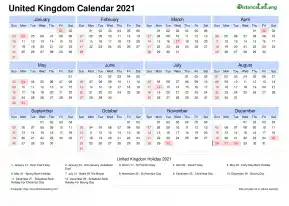 Calendar Horizintal Tbl Outer Border Sun Sat Bank Holiday United Kingdom Landscape 2021