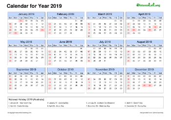 Calendar Horizintal Tbl Outer Border Sun Sat Federal Holiday Auz 2019