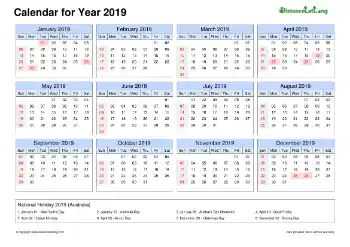 Calendar Horizintal Tbl Outer Border Sun Sat Federal Holiday Auz 2019