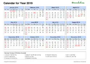Calendar Horizintal Tbl Outer Border Sun Sat Federal Holiday Nz 2019