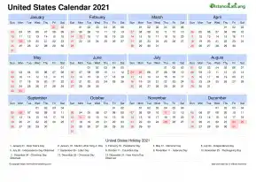 Calendar Horizintal Tbl Outer Border Sun Sat Federal Holiday United States Landscape 2021