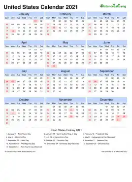 Calendar Horizintal Tbl Outer Border Sun Sat Federal Holiday United States Portrait 2021