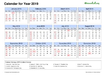 Calendar Horizintal Tbl Outer Border Sun Sat Federal Holiday Us 2019