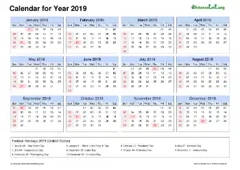 Calendar Horizintal Tbl Outer Border Sun Sat Federal Holiday Us 2019