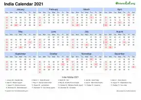 Calendar Horizintal Tbl Outer Border Sun Sat Gazetted Holiday India Landscape 2021