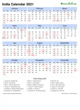 Calendar Horizintal Tbl Outer Border Sun Sat Gazetted Holiday India Portrait 2021