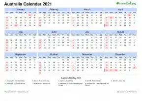 Calendar Horizintal Tbl Outer Border Sun Sat National Holiday Australia Landscape 2021