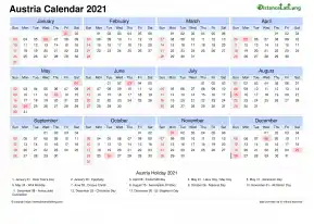 Calendar Horizintal Tbl Outer Border Sun Sat National Holiday Austria Landscape 2021