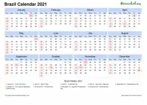 Calendar Horizintal Tbl Outer Border Sun Sat National Holiday Brazil Landscape 2021