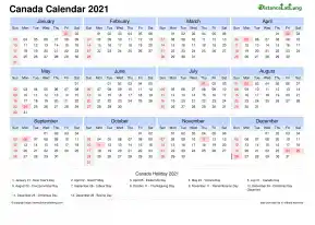 Calendar Horizintal Tbl Outer Border Sun Sat National Holiday Canada Landscape 2021