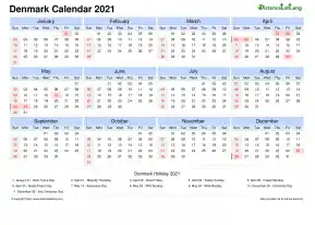 Calendar Horizintal Tbl Outer Border Sun Sat National Holiday Denmark Landscape 2021