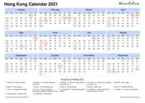 Calendar Horizintal Tbl Outer Border Sun Sat National Holiday Hong Kong Landscape 2021