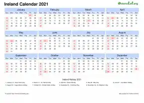 Calendar Horizintal Tbl Outer Border Sun Sat National Holiday Ireland Landscape 2021