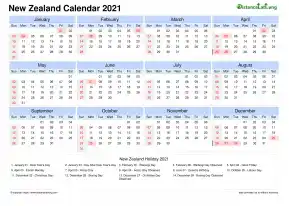 Calendar Horizintal Tbl Outer Border Sun Sat National Holiday New Zealand Landscape 2021