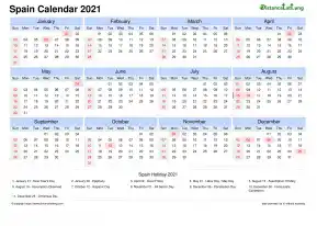 Calendar Horizintal Tbl Outer Border Sun Sat National Holiday Spain Landscape 2021