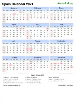 Calendar Horizintal Tbl Outer Border Sun Sat National Holiday Spain Portrait 2021