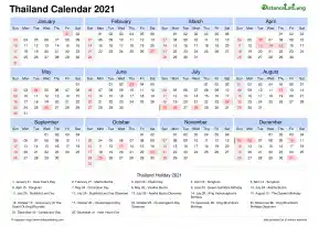 Calendar Horizintal Tbl Outer Border Sun Sat National Holiday Thailand Landscape 2021