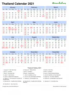 Calendar Horizintal Tbl Outer Border Sun Sat National Holiday Thailand Portrait 2021