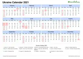 Calendar Horizintal Tbl Outer Border Sun Sat National Holiday Ukraine Landscape 2021