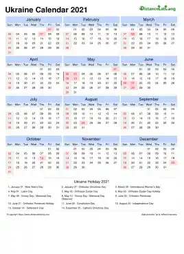 Calendar Horizintal Tbl Outer Border Sun Sat National Holiday Ukraine Portrait 2021