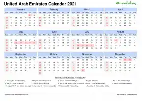 Calendar Horizintal Tbl Outer Border Sun Sat National Holiday United Arab Emirates Landscape 2021