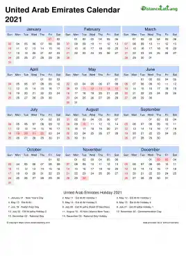 Calendar Horizintal Tbl Outer Border Sun Sat National Holiday United Arab Emirates Portrait 2021