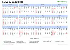 Calendar Horizintal Tbl Outer Border Sun Sat Public Holiday Kenya Landscape 2021