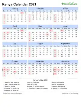 Calendar Horizintal Tbl Outer Border Sun Sat Public Holiday Kenya Portrait 2021