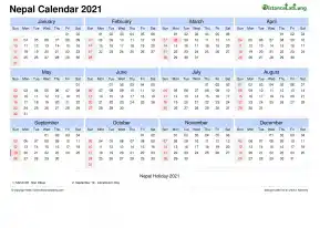 Calendar Horizintal Tbl Outer Border Sun Sat Public Holiday Nepal Landscape 2021