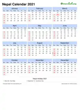 Calendar Horizintal Tbl Outer Border Sun Sat Public Holiday Nepal Portrait 2021