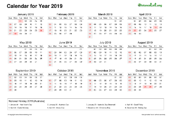 Calendar Horizintal Week Covered Line Grid Sun Sat Federal Holiday Auz 2019